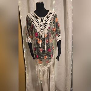 Embroidered Sheer Cover-Up with Crochet Accents